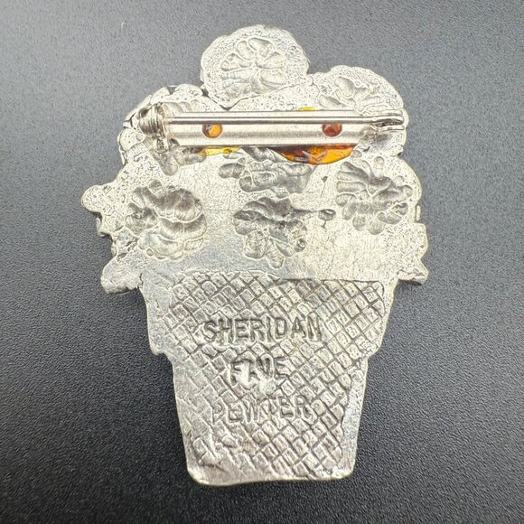 Sheridan Fine Pewter Floral Pot Brooch Pin Vintage Jewelry Flower Design Retro - Picture 4 of 6